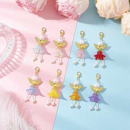 8Pcs 8 Colors Frosted Acrylic & Glass Pearl Flower Angel Pendant Decorations, with Alloy Heart Wings and Lobster Claw Clasps, Golden