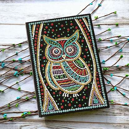 Rectangle with Owl DIY Diamond Painting Notebook Kits, Including Canvas Bag, Resin Rhinestones, Pen, Tray & Glue Clay