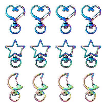 30Pcs 3 Style Alloy Swivel Lobster Clasps, Swivel Snap Hook, Heart & Star & Moon
