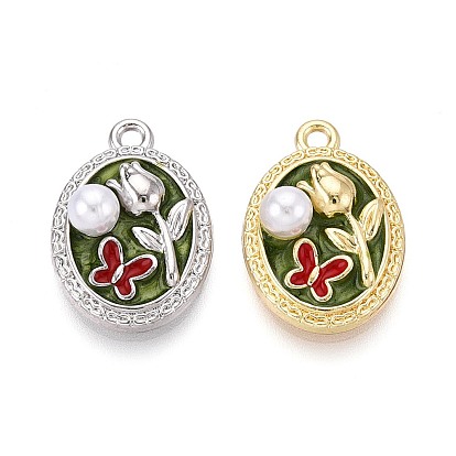 Стойки обшивки сплава эмали подвески, овал, цветок и бабочка, с ABS имитации жемчуга