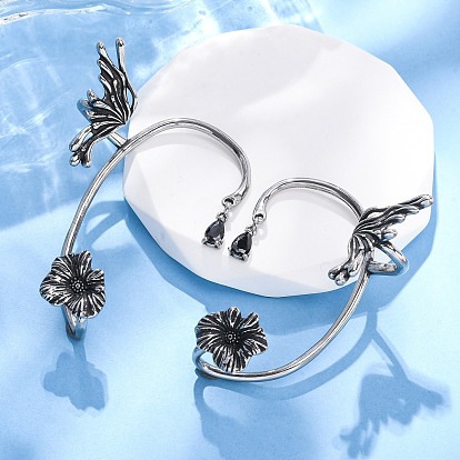 316 серьги-манжеты из хирургической нержавеющей стали с черным кубическим цирконием, крыло с цветком, слева и справа