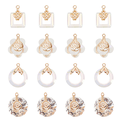 24 шт 4 стиль подвески из гальванического стекла, с легкой позолоченной латунной фурнитурой, граненые, цветок/кольцо/прямоугольник/плоский круглый