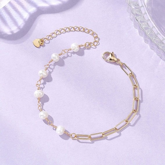 Латунные браслеты скрепки, браслеты-цепочки из круглых бусин натурального жемчуга для женщин