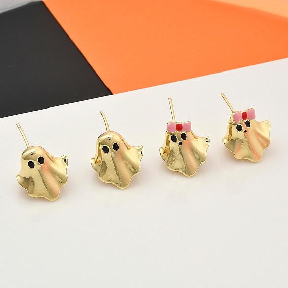 Серьги-гвоздики из латуни в виде призрака, без кадмия и без свинца, стойки покрытие, с эмалью, реальный 18 k позолоченный