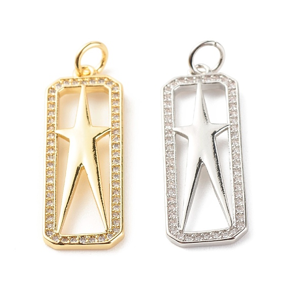 Латунные микропаве прозрачные подвески с фианитом, без кадмия и без свинца, прямоугольник со звездой