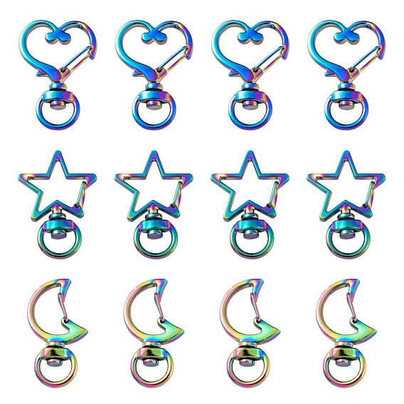 30Pcs 3 Style Alloy Swivel Lobster Clasps, Swivel Snap Hook, Heart & Star & Moon