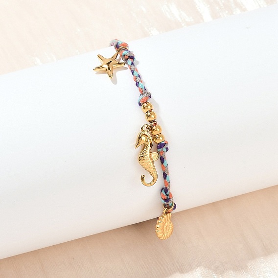 304 из нержавеющей стали Браслеты шармов, плетеные браслеты из хлопкового шнура для женщин, ионное покрытие в форме морских коньков, морских звезд и ракушек (IP)