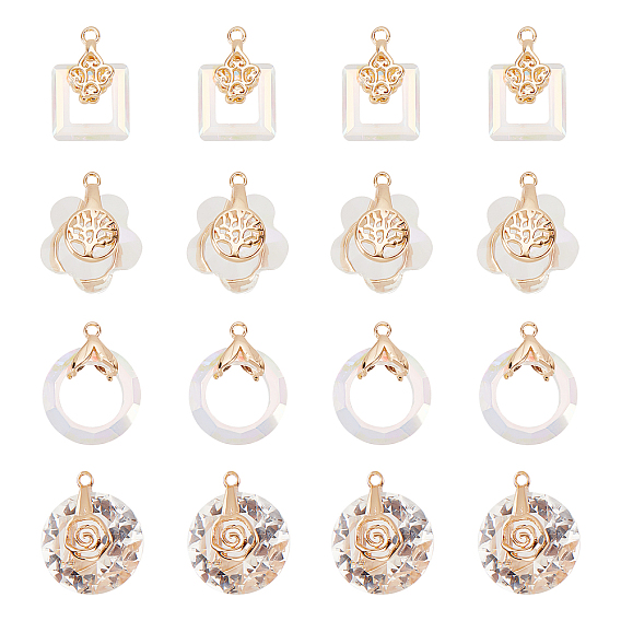 24 шт 4 стиль подвески из гальванического стекла, с легкой позолоченной латунной фурнитурой, граненые, цветок/кольцо/прямоугольник/плоский круглый