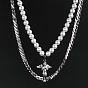 Titanium Steel Cuban Link & Imitation Pearl Beaded Chains Double Layer Necklace, with Fairy Pendant