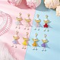 8Pcs 8 Colors Frosted Acrylic & Glass Pearl Flower Angel Pendant Decorations, with Alloy Heart Wings and Lobster Claw Clasps, Golden