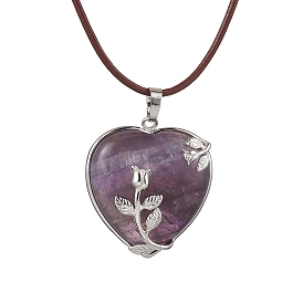 Collier pendentif coeur en pierres précieuses naturelles mélangées avec cordons en cuir de vache