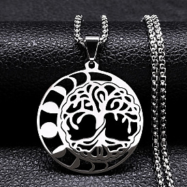 304 Stainless Steel Box Chain Necklaces, Flat Round with Tree of Life Pendant Necklaces