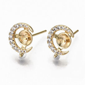 Brass Micro Pave Clear Cubic Zirconia Stud Earring Findings, with Loop and for Half Drilled Beads, Nickel Free, Real 18K Gold Plated, Half Round