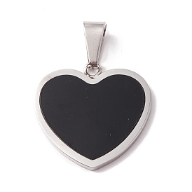 304 Stainless Steel Pendants, with Black PVC Cabochon, Heart