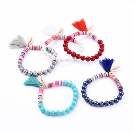 Tassels Charm Stretch Bracelets, with Handmade Polymer Clay Heishi Beads, Shell Pearl Beads and Natural Cowrie Shell Beads