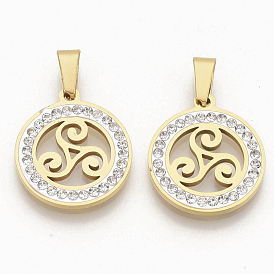 201 Stainless Steel Pendants, with Random Size Snap On Bails and Polymer Clay Crystal Rhinestones, Flat Round with Triskele/Triskelion