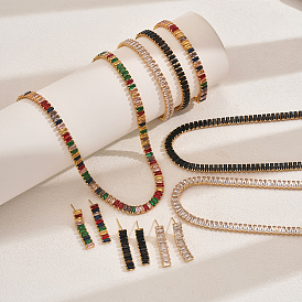 Комплекты браслетов, серег и ожерелий из прямоугольной латуни с кубическим цирконием для женщин