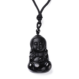 Регулируемые ожерелья с подвесками из натурального обсидиана, с нейлоновыми шнурами, Будда