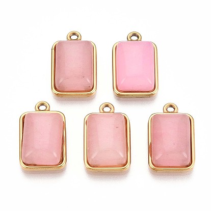 Природного розового кварца подвески, 201 прямоугольные подвески из нержавеющей стали, реальный 18 k позолоченный, ионное покрытие (ip)