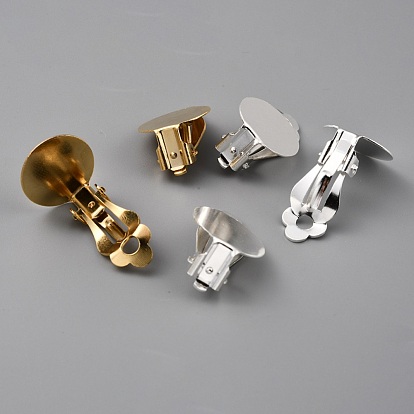 Brass Clip-on Earring Findings, with Round Flat Pad, Long-Lasting Plated