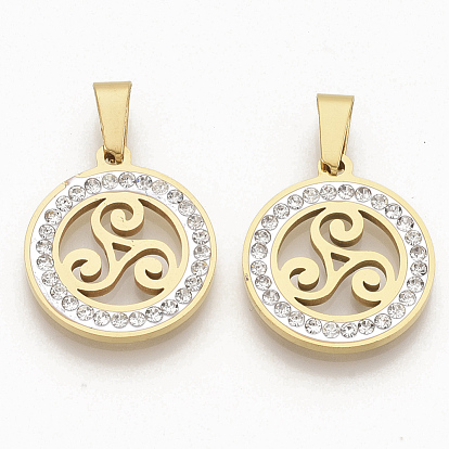 201 Stainless Steel Pendants, with Random Size Snap On Bails and Polymer Clay Crystal Rhinestones, Flat Round with Triskele/Triskelion