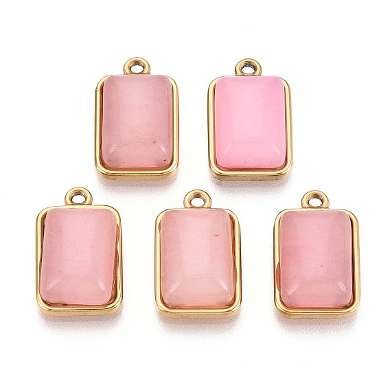 Природного розового кварца подвески, 201 прямоугольные подвески из нержавеющей стали, реальный 18 k позолоченный, ионное покрытие (ip)