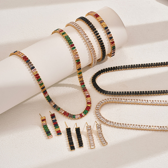 Комплекты браслетов, серег и ожерелий из прямоугольной латуни с кубическим цирконием для женщин