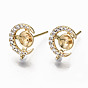 Brass Micro Pave Clear Cubic Zirconia Stud Earring Findings, with Loop and for Half Drilled Beads, Nickel Free, Real 18K Gold Plated, Half Round