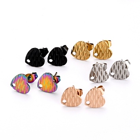 Ion Plating(IP) 304 Stainless Steel Stud Earring Findings, with Ear Nuts/Earring Backs and Hole, Heart Shape with Textured