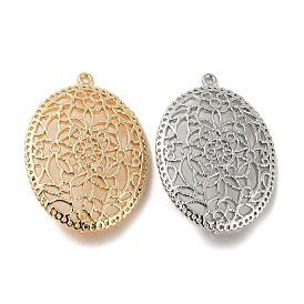 Rack Plating Brass Links Connector Charms, Hollow Oval with Flower Pattern