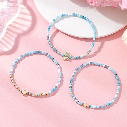 3шт. стеклянные бусины эластичные браслеты для женщин, круглые, с латунным