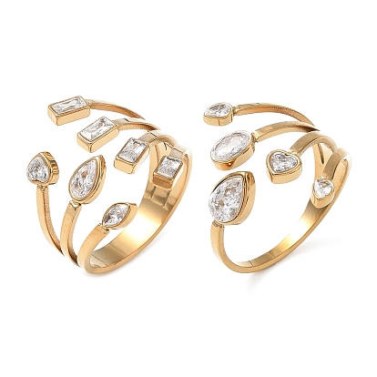 304 Anillos abiertos tipo brazalete de acero inoxidable con circonitas cúbicas para mujer