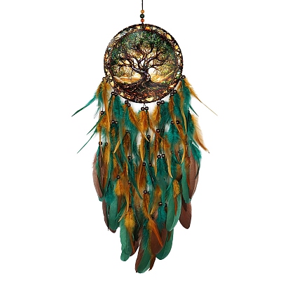 Древо жизни из смолы, акрила и плетеной сетки/паутины с подвесными украшениями из перьев., Настенный декор в стиле бохо для дома и спальни.