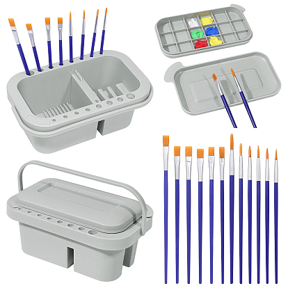 2Pcs Plastic Multi-functional Paint Brush Cleaners, including Brush Basin, Wood Paint Brushes and Plastic Palette Scraper, with 2 Bags Plastic Painting Brush Set