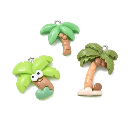 Opaque Resin Pendants, Coconut Tree Charm, with Platinum Plated Iron Loops