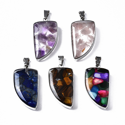 Natural Gemstone & Shell Pendants, with Transparent Resin and 201 Stainless Steel Findings, Knife, Stainless Steel Color