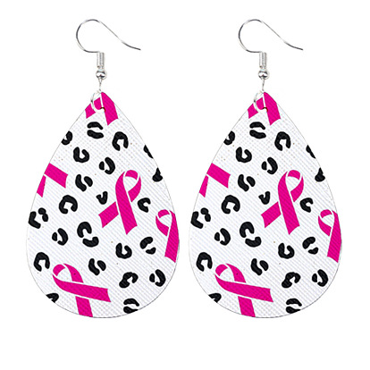 Imitation Leather Teardrop Dangle Earrings with Brass Pins, October Breast Cancer Pink Awareness Ribbon Earrings