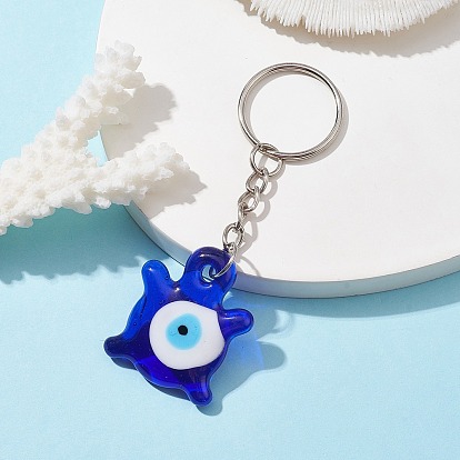 Blue Glass Evil Eye Pendants Keychains, with Iron Split Key Rings