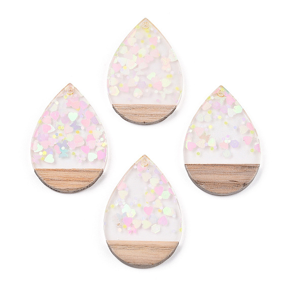 Transparent Resin & White Wood Pendants, Teardrop Charms with Paillettes