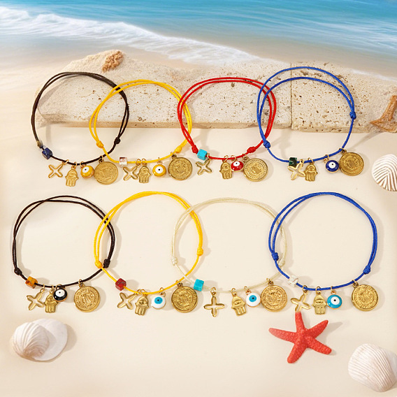 304 Браслеты с подвесками из нержавеющей стали и смолы, плетеные браслеты из нейлонового шнура для женщин, Хамса в виде руки, сглаз, крест и плоский круглый символ со святым Бенедиктом.