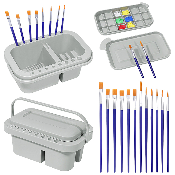 2Pcs Plastic Multi-functional Paint Brush Cleaners, including Brush Basin, Wood Paint Brushes and Plastic Palette Scraper, with 2 Bags Plastic Painting Brush Set