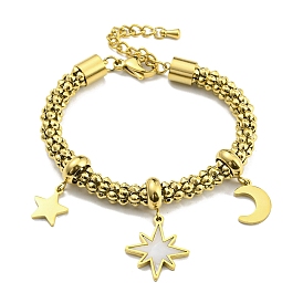 Synthetic Shell Sun & Star & Moon Charm Bracelet, with Ion Plating(IP) 304 Stainless Steel Popcorn Chains