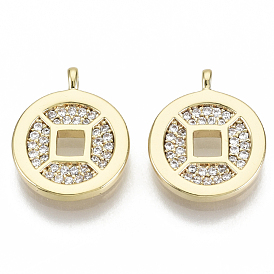 Brass Micro Pave Cubic Zirconia Charms, Nickel Free, Chinese Ancient Coins Shape, Clear