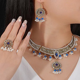 Плоские круглые ожерелья из сплава, страз и пластикового жемчуга с подвеской, серьги и кольцо