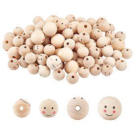 Pandahall elite 100pcs perles de bois naturel, Perles avec un grand trou   , ronde avec le visage de sourire