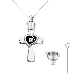 Croix strass avec coeur urne cendre collier, collier pendentif en laiton pour femme