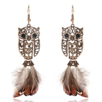 Charming and Fashionable Hollowed-out Owl Feather Earrings - HY-7238