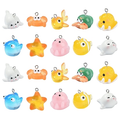 20шт 10 стили подвески из смолы на тему океана, очарование морских животных, с платиновыми тоновыми железными петлями, осьминоги, раки-отшельники, морские коньки и рыба, разнообразные