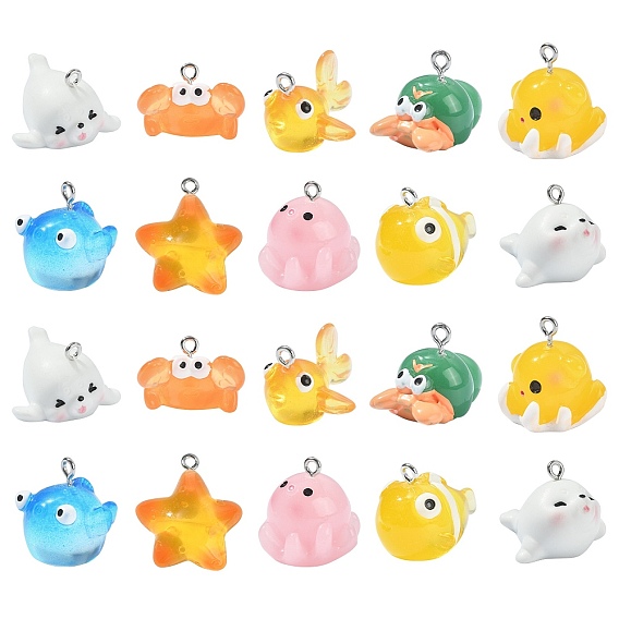 20шт 10 стили подвески из смолы на тему океана, очарование морских животных, с платиновыми тоновыми железными петлями, осьминоги, раки-отшельники, морские коньки и рыба, разнообразные