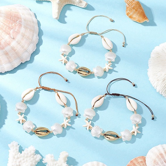 Браслеты из бисера из натуральных смешанных ракушек каури, раковина и морская звезда, с гальваническим покрытием из ракушки, синтетической бирюзы и бусинами из АБС-пластика, имитирующими жемчуг